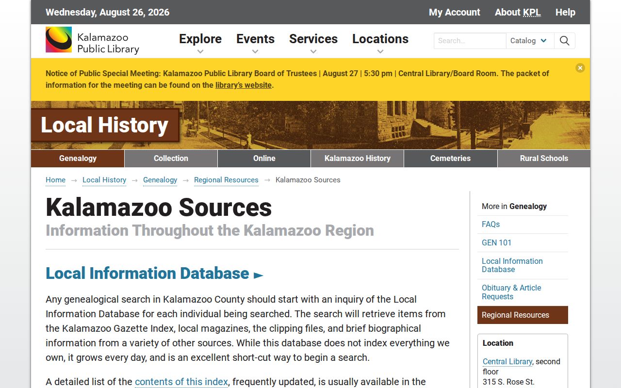 Kalamazoo previous residents research through KPL genealogy sources