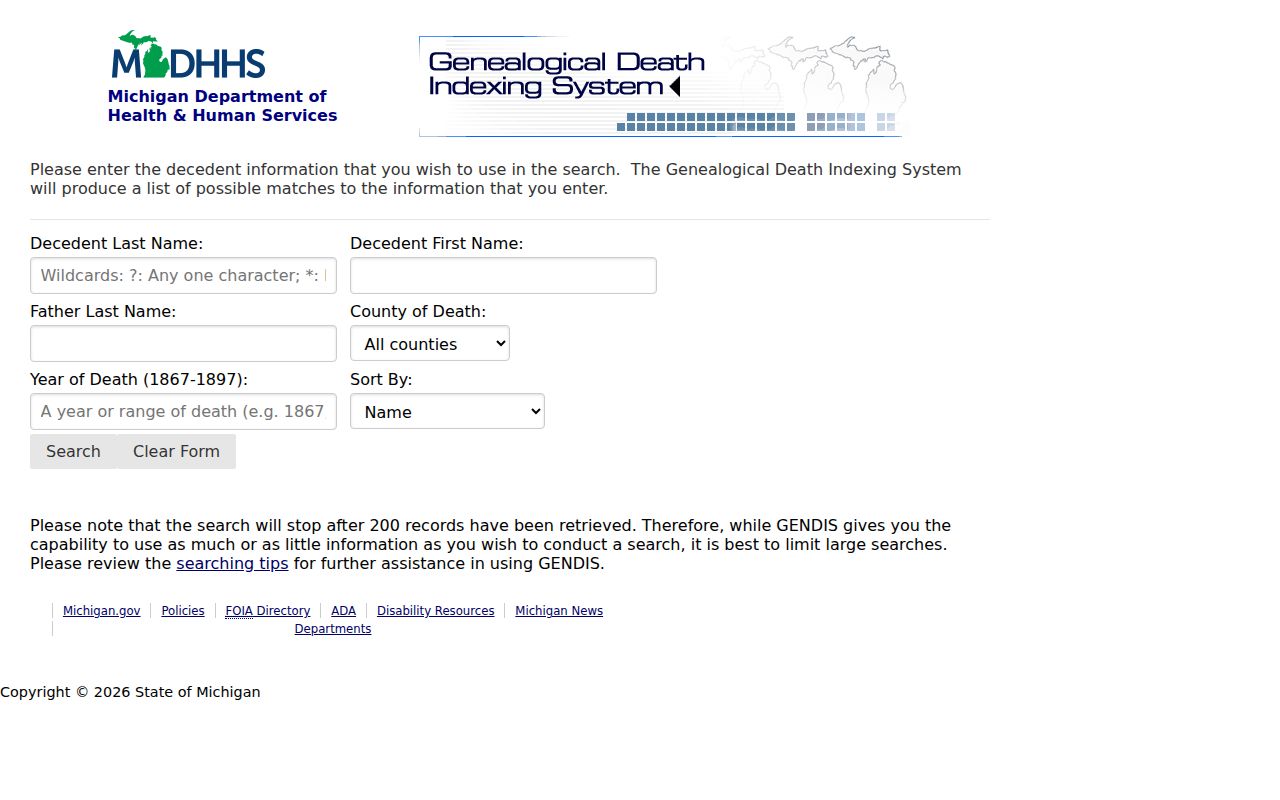 Kalamazoo resident records using the Michigan GENDIS death index fields